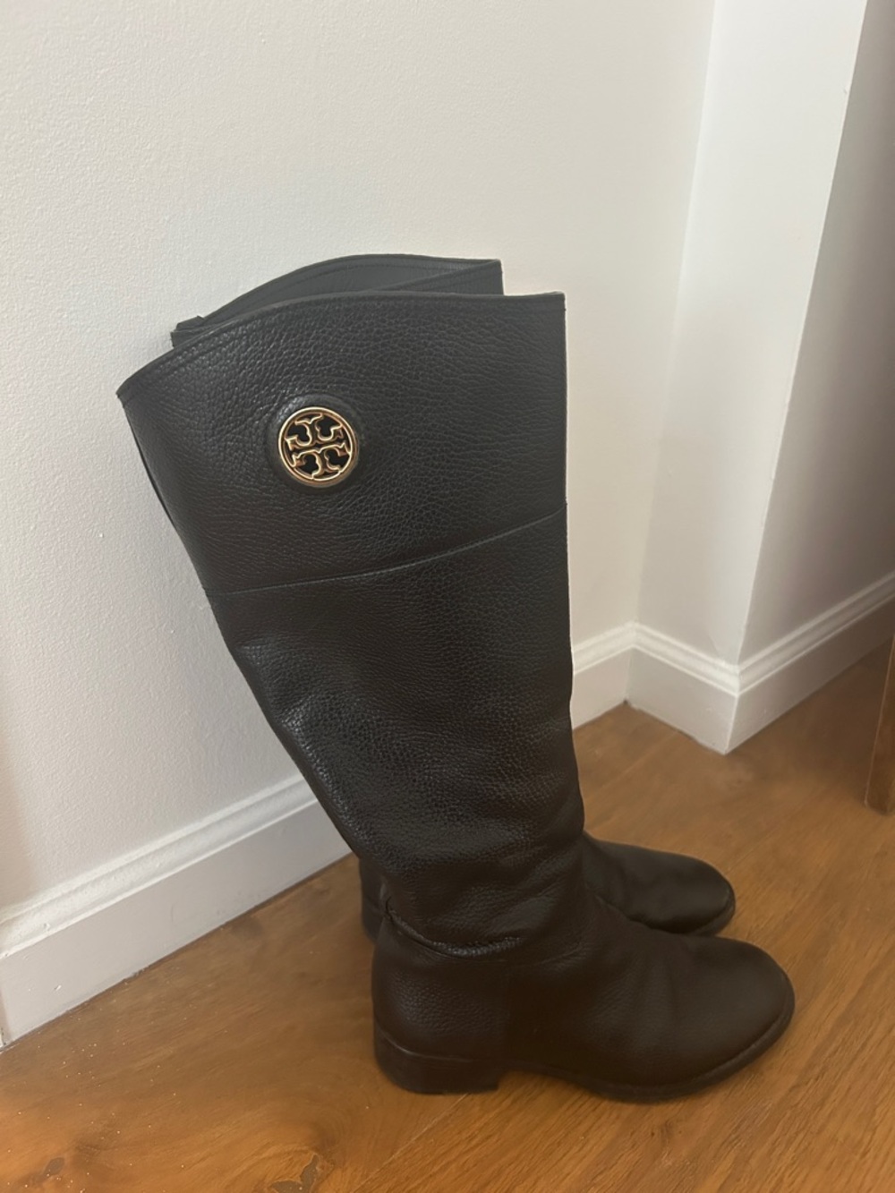 Tory Burch Black Leather Knee-High Boots with Gold Logo